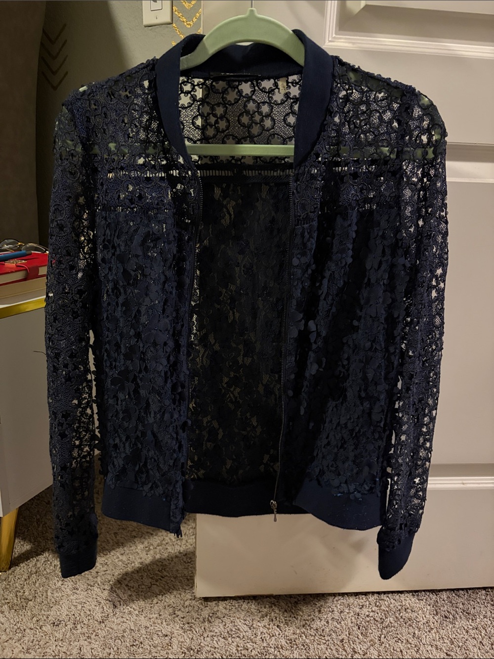 T Tahari Navy Lace Bomber Jacket